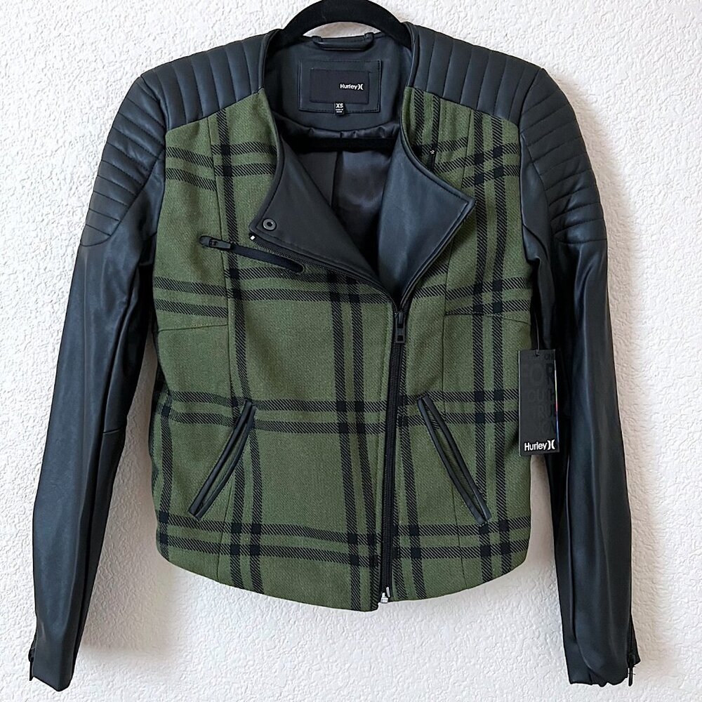 NWT Green Plaid Wool Blend Faux Leather Cropped Biker Moto Jacket Women Size XS
